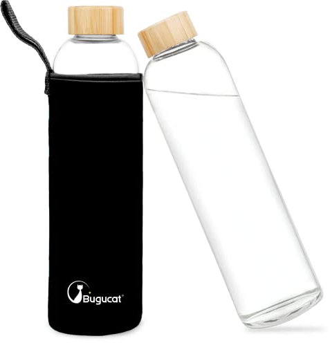 Bugucat Glasflasche 1000 ML, Trinkflasche aus Glas mit Schutzhülle，Wasserflasche Auslaufsicher aus Borosilikatglas, Karaffe für Smoothies Säfte Wasser und Getränke, BPA-Free