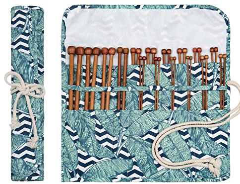 Aeelike Juego de agujas de tejer de bambú de 25 cm con funda, 18 pares de agujas de tejer de madera cortas rectas de 2 mm a 10 mm para principiantes y adultos