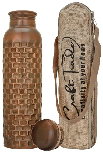 Craft Trade Diamond Copper Bottle with Lid and Carry Bag for Drinking Water BPA Free Leak Proof Boosts Immunity, Supports Digestive, Ayurveda Inspired 34oz - 1 Litre Black