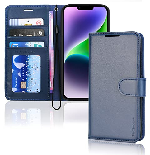 TECHGEAR iPhone 14 Leather Wallet Case, Flip Protective Case Cover with Wallet Card Holder, Stand and Wrist Strap - Blue PU Leather with Magnetic Closure for iPhone 14 6.1