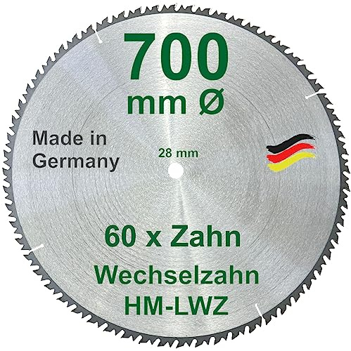 HM-Kreissägeblatt – 60 ZÄHNE - Ø 700 x 28 mm LWZ Wechsel-Zahn Hartmetall WZ Präzisions-Sägeblatt mit Spanabweiser für Hartholz Naturholz Brennholz Leimholz Wippsäge Tischkreissäge Kreissäge Kappsäge
