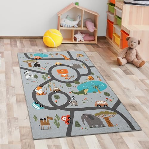 CARPETIA Kinderteppich Safari Tiere Straßen Grau 80x150 cm | Rutschfest, pflegeleicht, strapazierfähig, schadstofffrei und saugrobotergeeignet, OEKO-TEX geprüft, für Fußbodenheizung