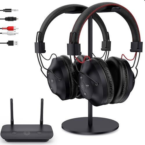 LETSACTIV Dual Wireless Kopfhörer zum Fernsehen mit Sender und Headset-Ständer, 196ft Reichweite mit optischen, AUX, RCA und USB, hohe Lautstärke, 40 Stunden Spielzeit