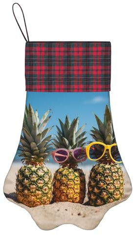 Personalisierter Weihnachtsstrumpf mit Hundepfote, Weihnachtsstrümpfe mit roter Karomuster, doppelseitig, Ananas, Obst, Sonnenbrille, Sandstrand, Strand, Nikolausstrumpf für Kamin, Party,