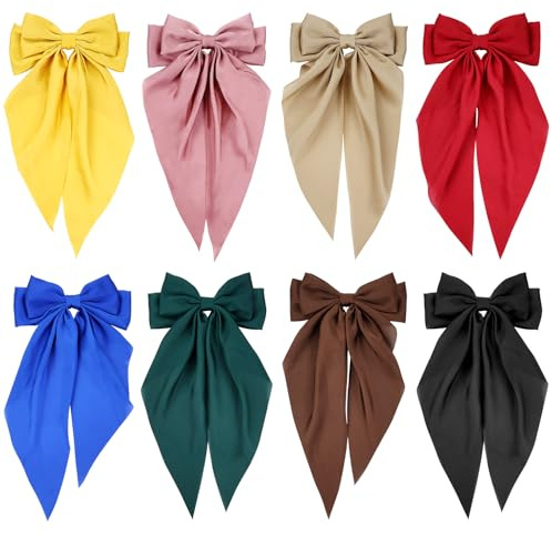 Cinaci 8 Pieces Decorative Large Big Bow French Hair Clips Barrettes with Long Tail Automatic Spring Clip Hair Bows Accessories for Women Girls (S1)