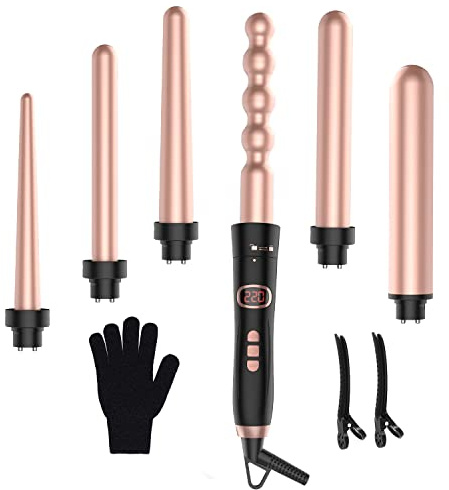 Lockenstab Lockenstäbe mit Verschiedenen Aufsätzen Set - Lockenstäbe 6 in 1 große und kleine locken, Curling Wand Keramik Lockeneisen mit Handschuh Rosa Gold 9-32mm