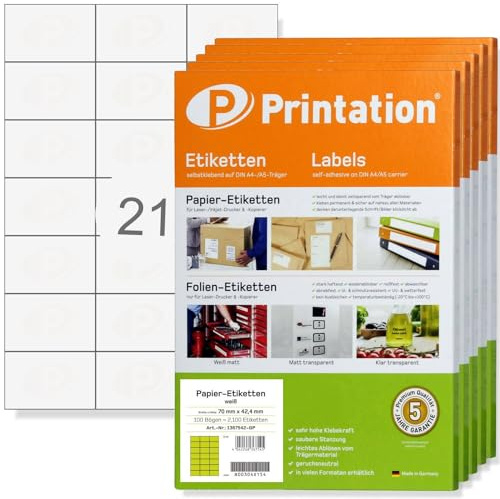 10500 Etiketten Papier (70x42,4mm) selbstklebend Printation bedruckbar | 500 Blatt A4 je 3x7=21 Klebeeetiketten, Adressetiketten, Versandetiketten 70x42mm - zum bedrucken mit Laser- & Inkjet-Drucker