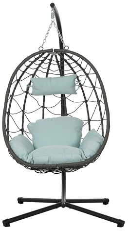 Mdhitsox Egg Swing Chair with Stand, Patio Wicker Hanging Egg Chair, with Steel Frame & UV Resistant Cushion, pillows, Hanging Basket Chair Hammock Chair for Indoor Outdoor Bedroom Patio, Gray