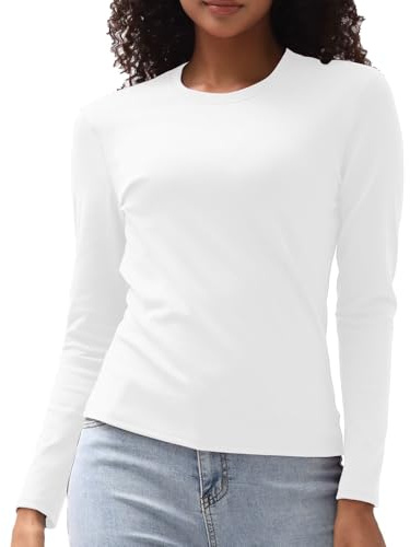Cotton Long Sleeve Tee Shirts for Women Slim Fit Tshirts Basic Tops Tight Crewneck Layering Undershirts(White,Large)