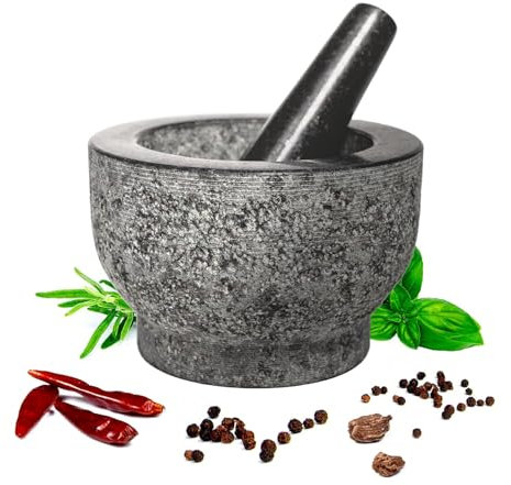 Mortaio e pestello in granito naturale non lucidato, resistente, 3,5 kg, 15 cm, motivi unici, ideale per macinare spezie, erbe e salse, facile da pulire, regalo per gli appassionati di cucina