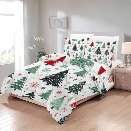 Bettdecke 200x220 Ohne Bezug Nutzbar, Schnee Zederndruck Bettdecken Waschbar Ganzjahresdecke Weihnachten 4 Jahreszeiten Steppdecke, Bettzeug Microfaser mit 2 Kissenbezug für Sommer Winter Doppelbett