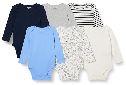Amazon Essentials Body in Cotone a Maniche Lunghe Unisex - Bimbi 0-24, Pacco da 6, Blu/Cani, 3-6 mesi