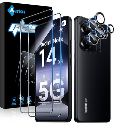 Aerku Pellicola Vetro Temperato per Xiaomi Redmi Note 14 5G, con Protezione Lente Fotocamera [2+2 Pezzi], 0,33mm Ultra Trasparente [Durezza 9H Anti Graffi] Protezione Schermo Pellicola Protettiva