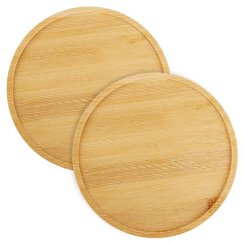 Lotsdonxia 2 Pcs Bamboo Round Tray Saucers – Durable & Eco-Friendly Multi-Purpose Plant Pot Mats, Tea Cup Coasters & Table Mat, Diameter 15.5cm