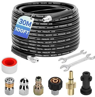 Gxpjycfob Tubo Flessibile ad Alta Pressione 30M, 400 Bar/5800 PSI M22 1/4'' Sonda Sturatubi per Idropulitrice con 4 Ugelli e 2 Adattatori, Compatibile con Karcher K2 K3 K4 K5 K6 K7, Lavor, Bos