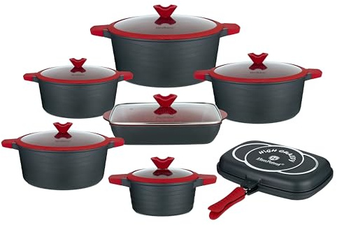 Lorren Home Trends Die-Cast Aluminum Cookware Set, 14 Piece, Non-Stick, Induction Compatible, Red