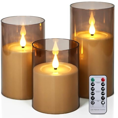 FREEPOWER Lot de 3 bougies LED beige avec acrylique gris – Sans flamme, scintillement blanc chaud, à piles, avec télécommande et minuterie, Ø 8 x 10/12,5/15 cm