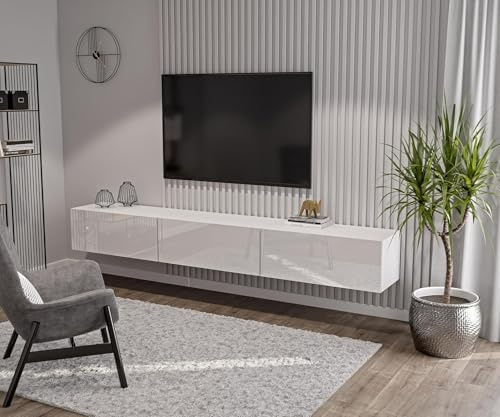 HAJDUK FURNITURE Weiß TV Lowboard 270 cm (3x90 cm) Wohnwand Fernsehtisch Hochglanz Front MDF Fernsehschrank Kabelöffnung Push-to-Open