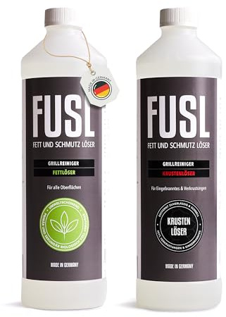 FUSL Grillreiniger Set 2x1 l – Krustenlöser & Fettlöser für BBQ, Grill, Pfanne & Backofen – starke Reinigung für Emaille, Edelstahl, Gusseisen, Aluguss, Holz & empfindliche Oberflächen