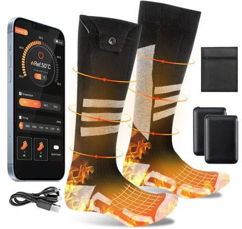 Olycism Chaussettes Chauffantes Homme & Femmes 5000mAh avec Application, Chaussette Chauffante à Semelle Complète Pour Femmes et Hommes, Rechargeables et Lavables avec 3 Niveaux de Chauffage(Taille S)