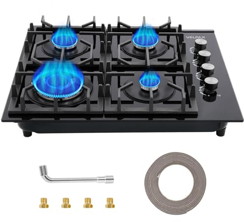 Plaque de Cuisson Gaz 4 feuxs, 60cm Plaque Gaz 4 feuxs avec Sécurité Thermocouple, Bouton de Commande Latéral, Protection d'Extinction, NG/LPG décapotable