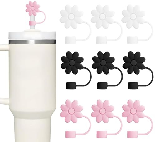 9pcs Silicone Straw Cap for Stanley Cup 20&40oz, Dust-Proof and Leak-Proof Reusable Straws Cover Tips for Stanley Cup 10mm 0.4in Straws, Flower