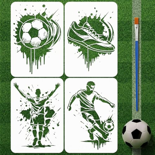 FINGERINSPIRE 4 Stile Graffiti Fußballmuster Schablonen Mit Einem Pinsel 29.7x21cm 4 Stile Athleten Malschablonen Fußballschuh Schablonen PET Sportthemen Vorlage Für Holzboden Wandstoff