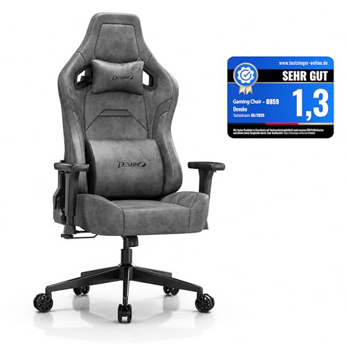 Devoko Sedia da Gaming Ergonomica in Pelle Scamosciata, Poltrona da Ufficio Gamer Reclinabile 90°-135°, Braccioli 3D Regolabili, Base in Metallo, Ruote Silenziose, Portata 180kg, Grigio Antracite