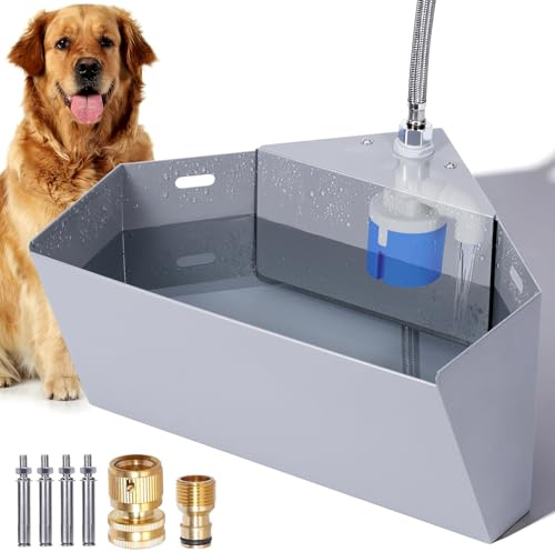 MUDUOBAN Stainless Steel Automatic Dog Water Bowl Dispenser Outdoor Corner Wall Mount, 6L/1.6 Gallon Automatic Waterer Feeder, Self Filling Livestock Water Trough for Large Breed and Chicken