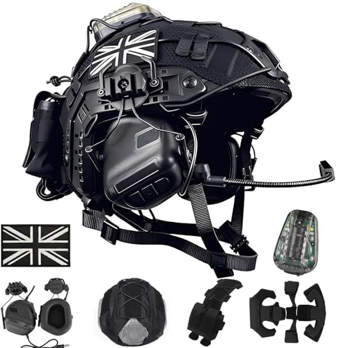 LZAQHMT Casco Airsoft Fast 5 en 1 Mejorado con Auriculares Tácticos | Kit de Casco con Funda Desmontable y Luz de Señalización para Paintball, Cosplay, Juegos de Guerra y Equipo Militar