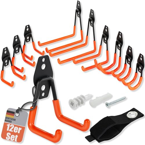 bonsport 12er Set Wandhaken für Garage - Schwerlasthaken zum Schrauben | Garagenhaken belastbar bis max. 40 kg - Haken Wand Schwerlast Leiterhaken Gerätehaken Gartengerätehalter