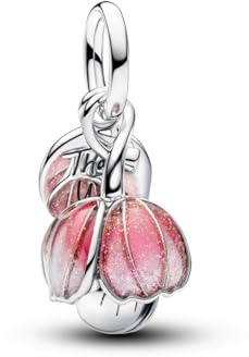 PANDORA Charm Two-Tone Blooming Flower Pendant with 14 Carat Gold Plating, Green Crystal and Pink Enamel, Engraved Thank You, Compatible Moments ME, 764453C01