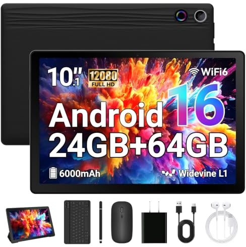 MUISOO Tablets 10 inch Tablet Android 16,24GB RAM 64GB ROM (1TB TF Expand),5G WiFi 6,1280 x 800 HD, 5MP+8MP Dual Camere,Android Tablet with Keyboard, Stylus, Mouse, Earphone, Case (Black)