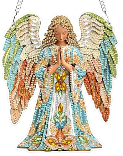MOTGOM Diamond Painting Anhänger Geflügelter Engel, Sonnenfänger Diamond Painting Fensterbilder, Hängendes Ornament Bastelset für Wand und Eingang Dekor 20x20cm