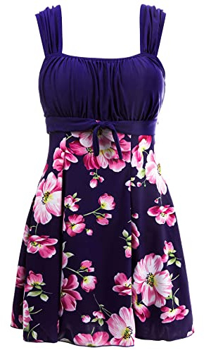 Wantdo Femme Maillot 1 Pièce Maillot de Bain Jupette Plage Push Up Amincissante Slim Cache Ventre Maillot avec Jupe Elégant Grande Taille Floral Tankini Bleu&Fleur 54