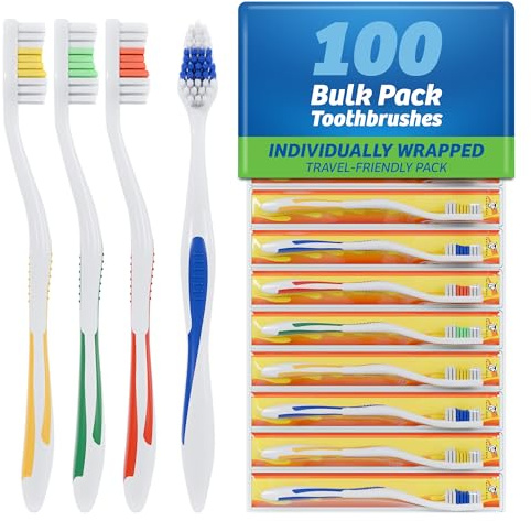 FactorDuty 100 Pack Toothbrush Standard Classic Medium Soft Toothbrush Bulk Individually Wrapped