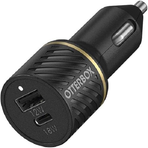 OtterBox Robustes Auto-Schnellladegerät mit Zwei Anschlüssen, USB A 12W + USB C 18W PD - Schwarz