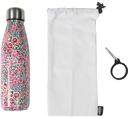 COOK CONCEPT Set Botella Isotérmica Floral con Mosquetón Extraíble | Acero inoxidable, isotérmica, 500 ml, estampado floral, mosquetón extraíble, funda incluida, calor o frío, salidas rutas