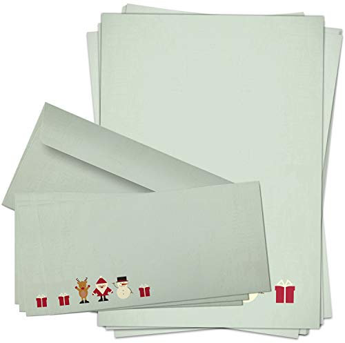 10 x Weihnachtspapier mit Umschlag Set - Motiv Vintage Grün - Papier DIN A4 Weihnachten beidseitig, Kuvert DIN LANG