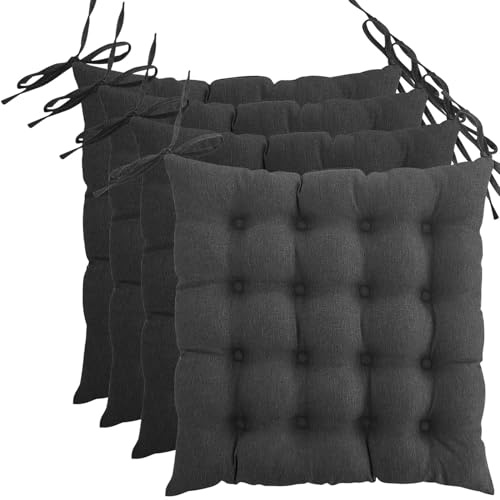 wometo 4er Set Sitzkissen 40x40 Oeko-TEX mit Bändern/Schleifen dunkelgrau | gesteppte Sitzpolster / Stuhlkissen mit Steppung für Indoor und Outdoor, drinnen und draußen nutzbar, im praktischen 4er Pack