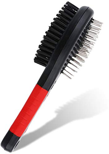 2 in 1 - Double Sided Pet Brush - Cat & Dog Grooming Kit - Hair Remover Brush, Bath Accessories, Detangling - Brushes for Lint, Carpet, Furniture (Red)