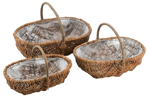 Kartoffelkorb Set – Naturweide oder Rattan Körbe mit Folie & Henkel - Ernte-,Pflanz - & Dekokörbe - Handgeflochten für Indoor & Outdoor (3er Set - Korbweide: Natur, Breite: 32cm/39cm/45cm)