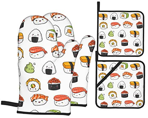 Japanische Kawaii Sushi Ofenhandschuhe und Topflappen, 4er-Set, Ofenhandschuhe und Topflappen, hitzebeständige Handschuhe für Küche, Kochen, Backen, Grillen, BBQ