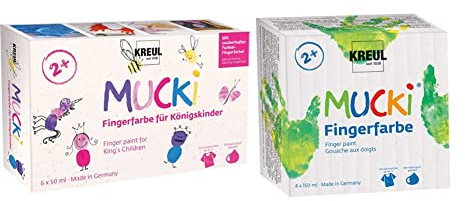 Kreul 23051 - Mucki Fingerfarbe für Königskinder, 6 x 50 ml & 2314 - Mucki leuchtkräftige Fingerfarbe, 4 x 150 ml in gelb, rot, blau und grün, parabenfrei, glutenfrei, laktosefrei und vegan