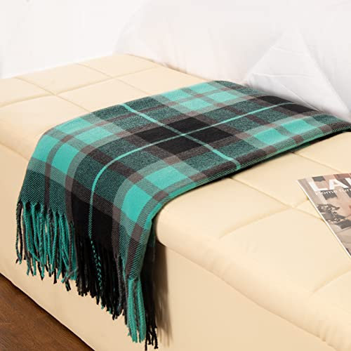 Gealaek Coperta decorativa in finto cashmere con frange verde e nero, a quadri, leggera, pelosa, morbida, accogliente, per divano letto, casa colonica, coperta 127 x 152,4 cm