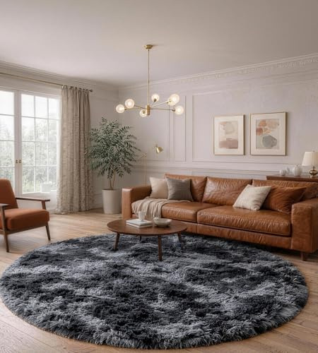 MARATIP Teppich Wohnzimmer Dunkelgrau Ø 150 cm Flauschig Weich | Hochflor-Teppich, waschbar, rutschfest, luxuriös weich. Ideal für große Räume, Schlafzimmer und Esszimmer.