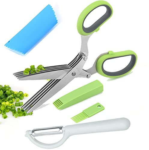 JSQJ Tijeras para hierbas con 5 Cuchillas Multifunción Tijeras de Cocina de Acero Inoxidable para Hierbas Cebollino Perejil con Peine de Limpieza, Pelador de Ajos y Pelador universal