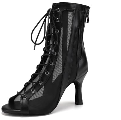 RUYBOZRY Scarpe da Ballo Latino da Donna, Lace Up Sala da Ballo Partito Salsa Stivali Punta Aperta con Tacco Alto Stivaletti,QJW-7235-Nero-8.5-5059,EU37