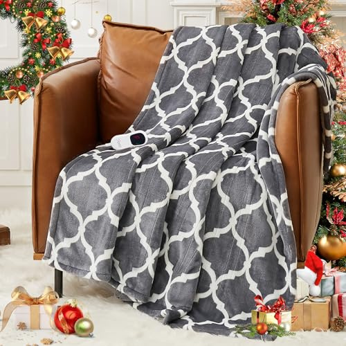 Homemate Heated Blanket Electric Throw - 50“x60“ Heating Blanket with 10 Fast Heat Levels 8 Hours Auto Off Soft Cozy Flannel Over-Heated Protection ETL Certification Keep Warming in Home