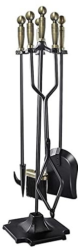 JUNNIU 5-teiliges Kaminbesteck-Set in Schwarz und Bronze, Kaminbesteck-Set aus Schmiedeeisen für den Innenbereich mit Pokerzange, Besen, Schaufel, Ständer und Griff Decoration